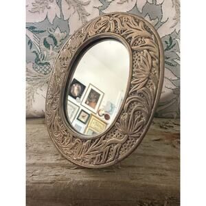 Vintage table mirror Crowning Touch Collection Framed Oval Gold brass easel 6”